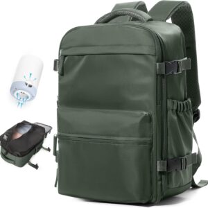 Vacuum Travel Backpack with Pump for Women, Personal Item Carry on Vacpack Backpacks Flight Approved 18x14x8 inches for Men,Laptop Waterproof Work Compression bags Casual Daypack,BrownGreen